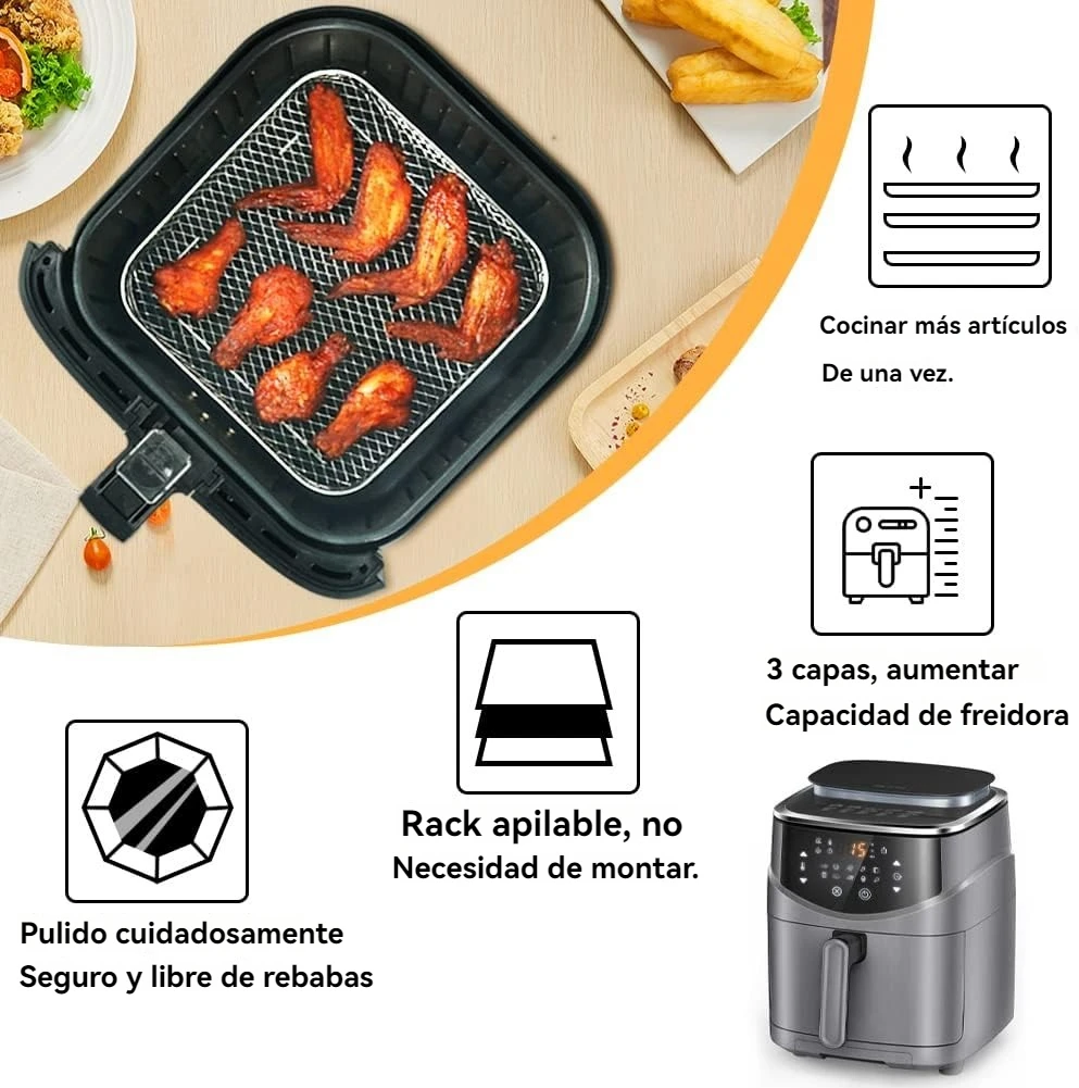 Estante rectangular de acero inoxidable para freidora de aire, bandeja para parrilla, cesta de Airfryer caliente, accesorios para Ninja Dual, 3