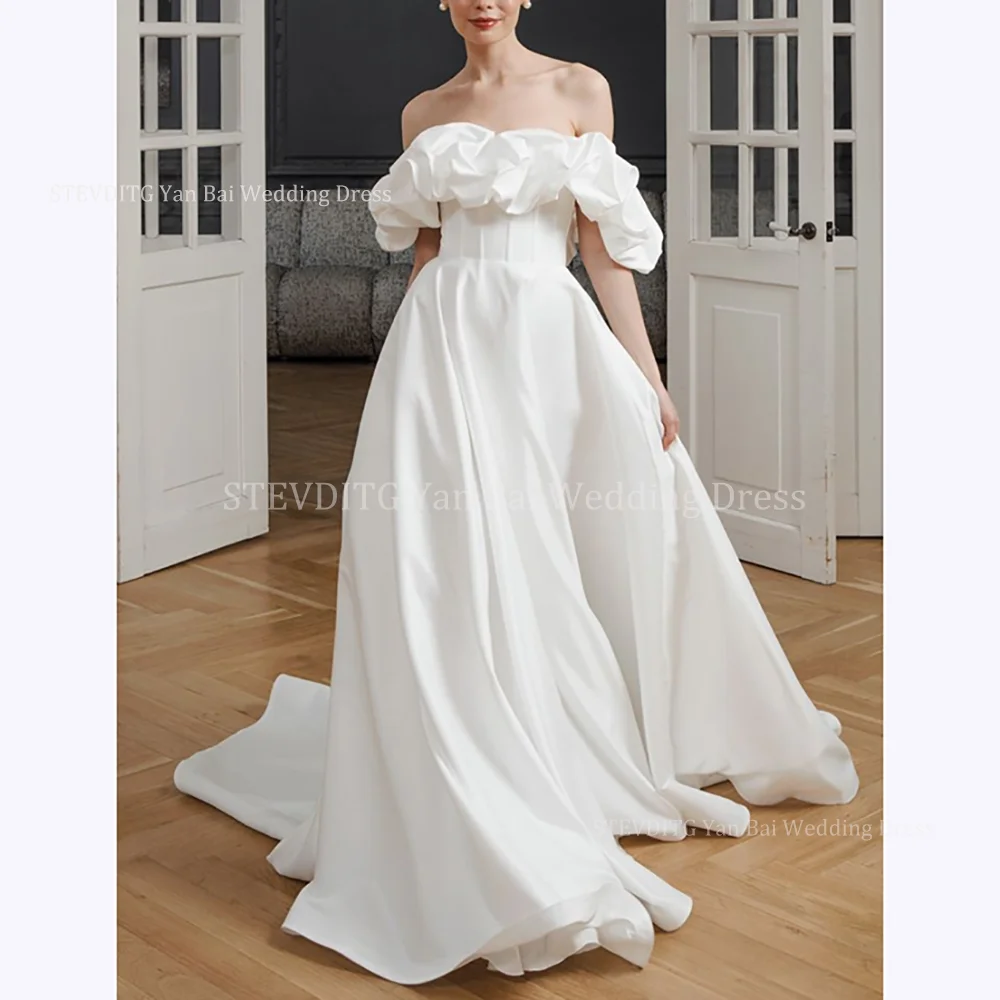 Elegante weiße Satin Brautkleider Mode ärmel los von der Schulter formelle Abendessen Hochzeit Braut maßge schneiderte Kleid Party kleid