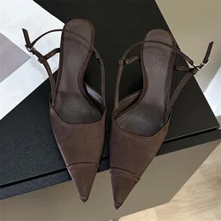 Eilyken High Quality Satin Buckle Strap Women Pumps Sandals Fashion Shallow Thin Heels Pointed Toe Slingback Mules Shoes