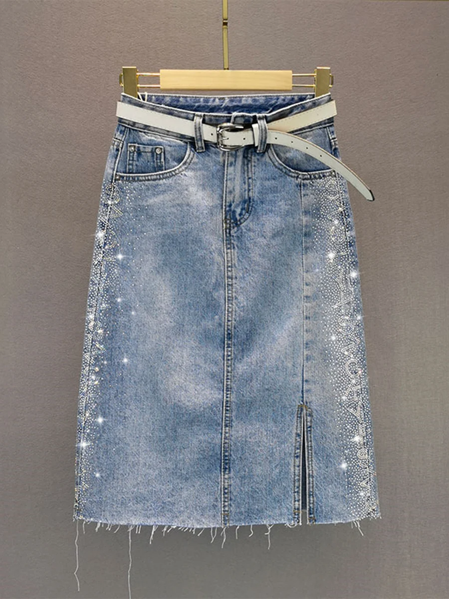 

Новая женская джинсовая юбка миди с высокой талией, разрезами и эффектом похудения, А-силуэт, из смесового хлопка, весна-лето