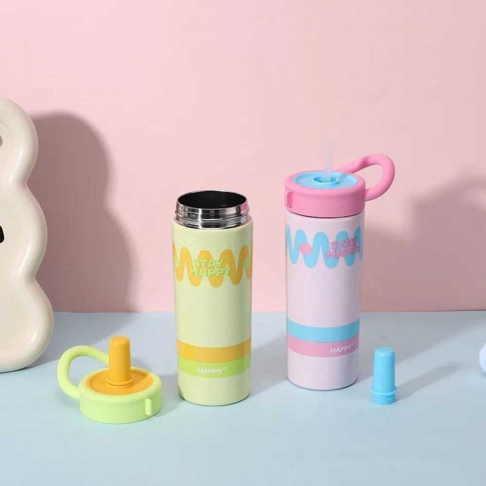 

Stylish 600ml Stainless Steel Insulated Cup Leak-Proof with Handle Thermos Water Bottle Dopamine Straw Cup Picnic