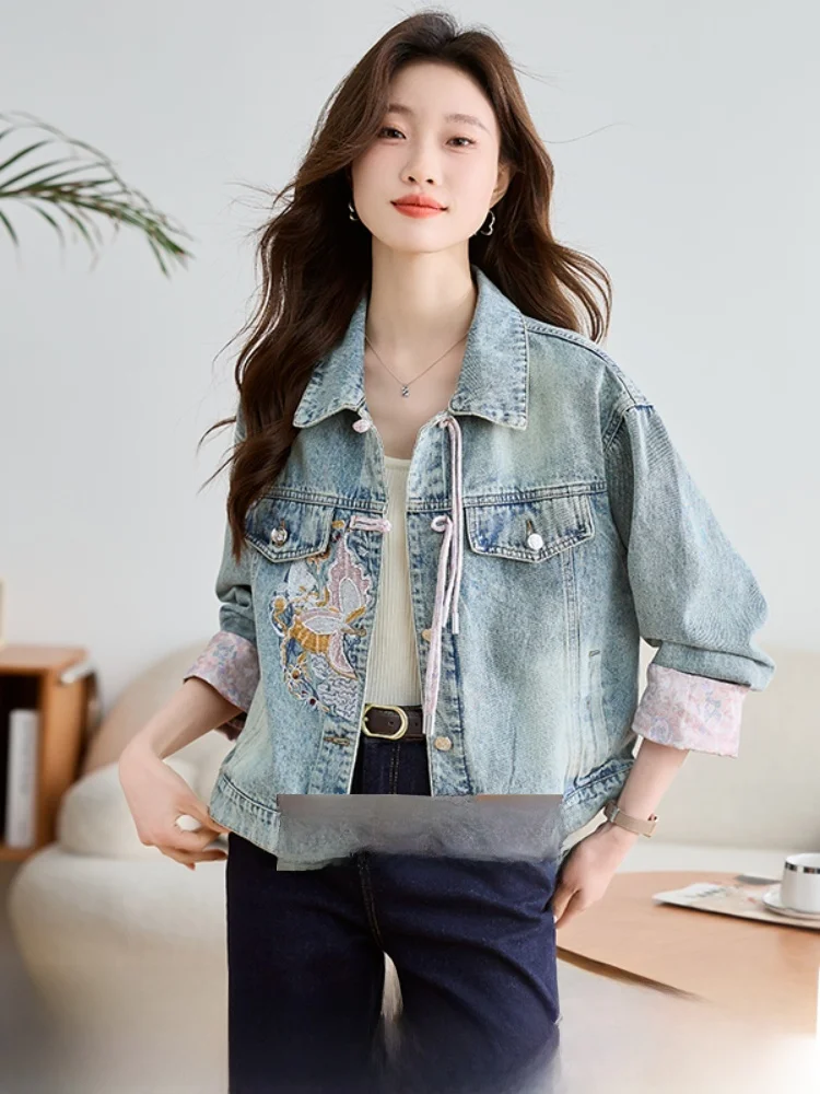 

New Chinese Style Embroidered Denim Jacket Women's Spring Autumn Loose Fit Button Detailing Pure Color Collar Coat