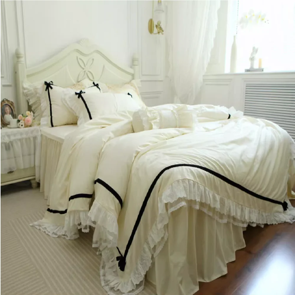 French Korean lace ruffle princess style solid color pure cotton embroidery bed skirt bedding duvet cover four piece set