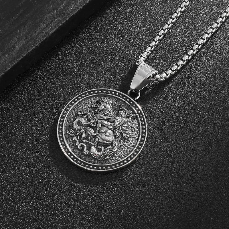 Megin D Stainless Steel Titanium Vintage Hip Hop St George Fighting the Dragon Charm Pendant Collar Chain Necklace for Men Women