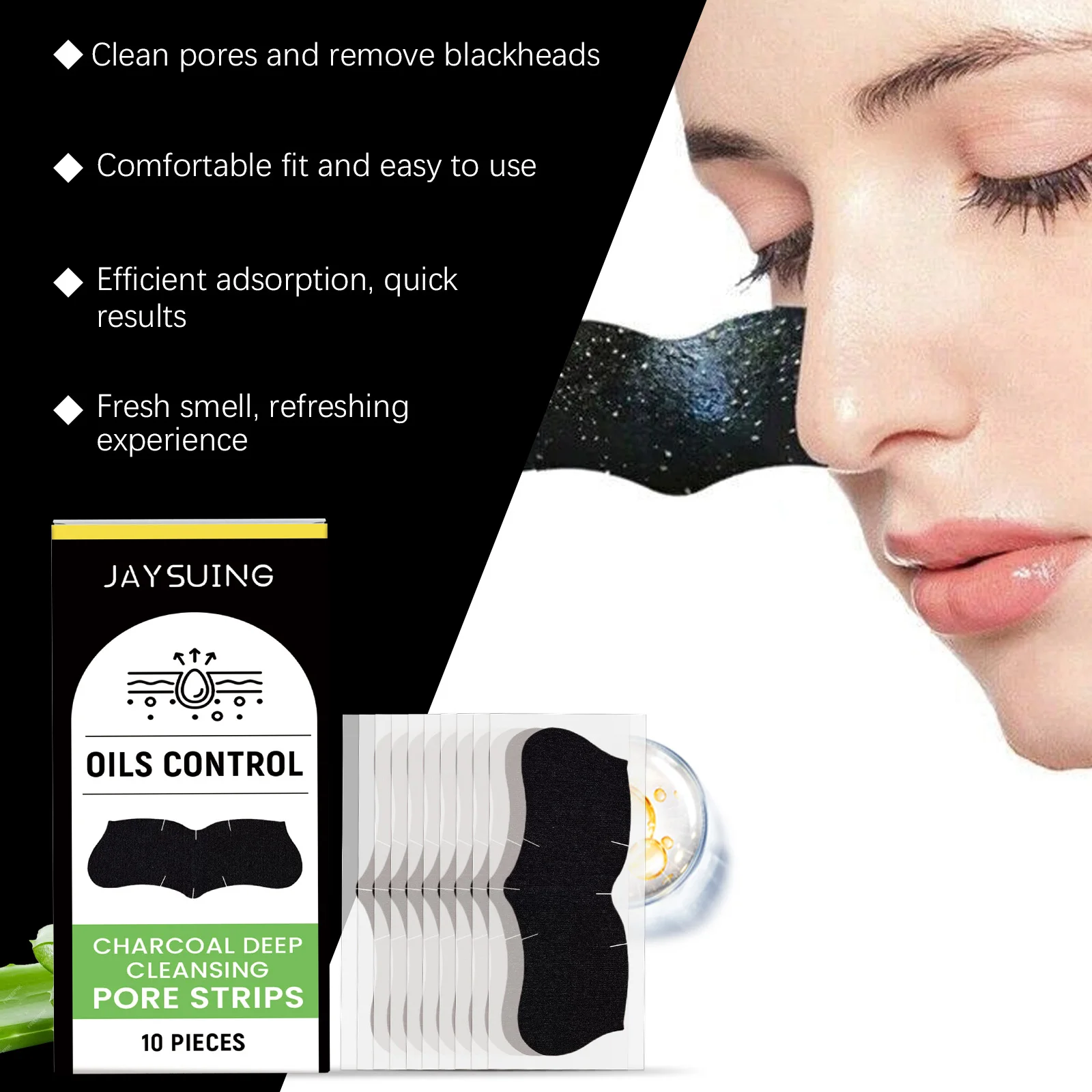 Mascarilla Quita Puntos Negros de Carbón, Limpieza Profunda de Poros, Control de Grasa, Tratamiento para Acné y Espinillas, Tiras Nasales Exfoliantes