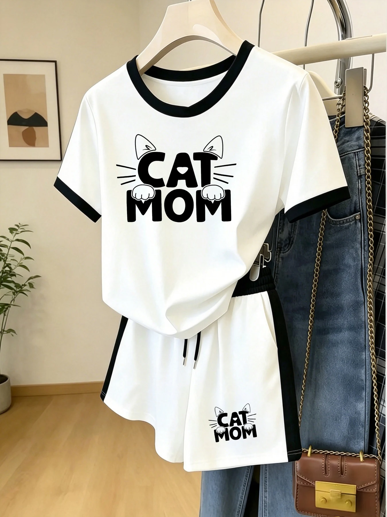

Summer Cat Mom Cat Print Color-Blocking Set, Thin and Breathable Casual Short-Sleeve Shorts Two-Piece Set