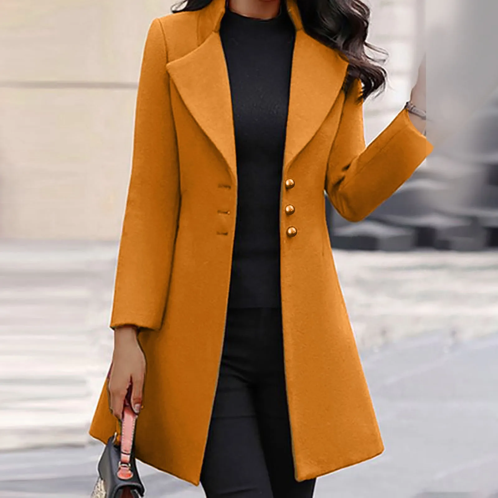 Womens Lapel Trench Coat Winter Wool Blend Mid Long Outwear Fleece Jacket Solid Color Elegant New European American Clothing