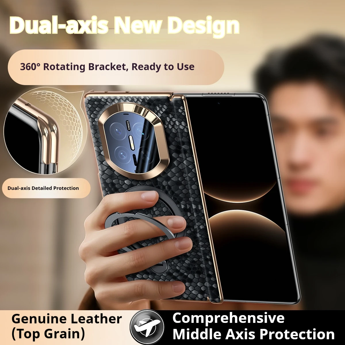 High End Dragon Scale Texture Genuine Leather Phone Case, For Huawei Mate X7 X6 X5 Lens Full Protection, Rotating Bracket Cover - view 2