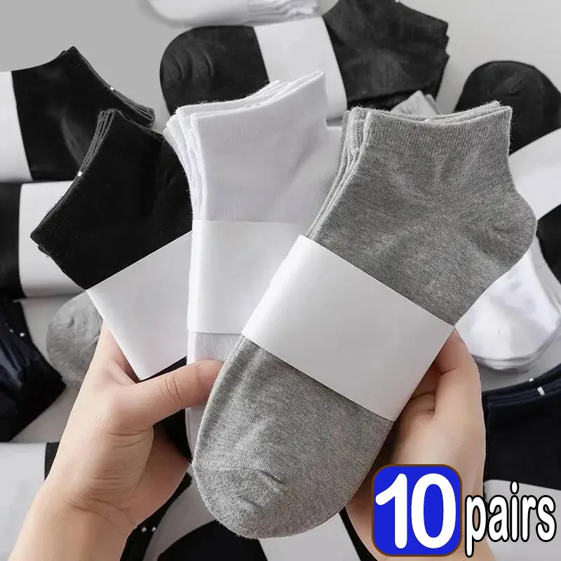 Meias pretas masculinas de tornozelo, meias casuais para barco, meias de negócios, cor sólida, respirável, confortável, alta qualidade, 37-45, 10 pares por lote