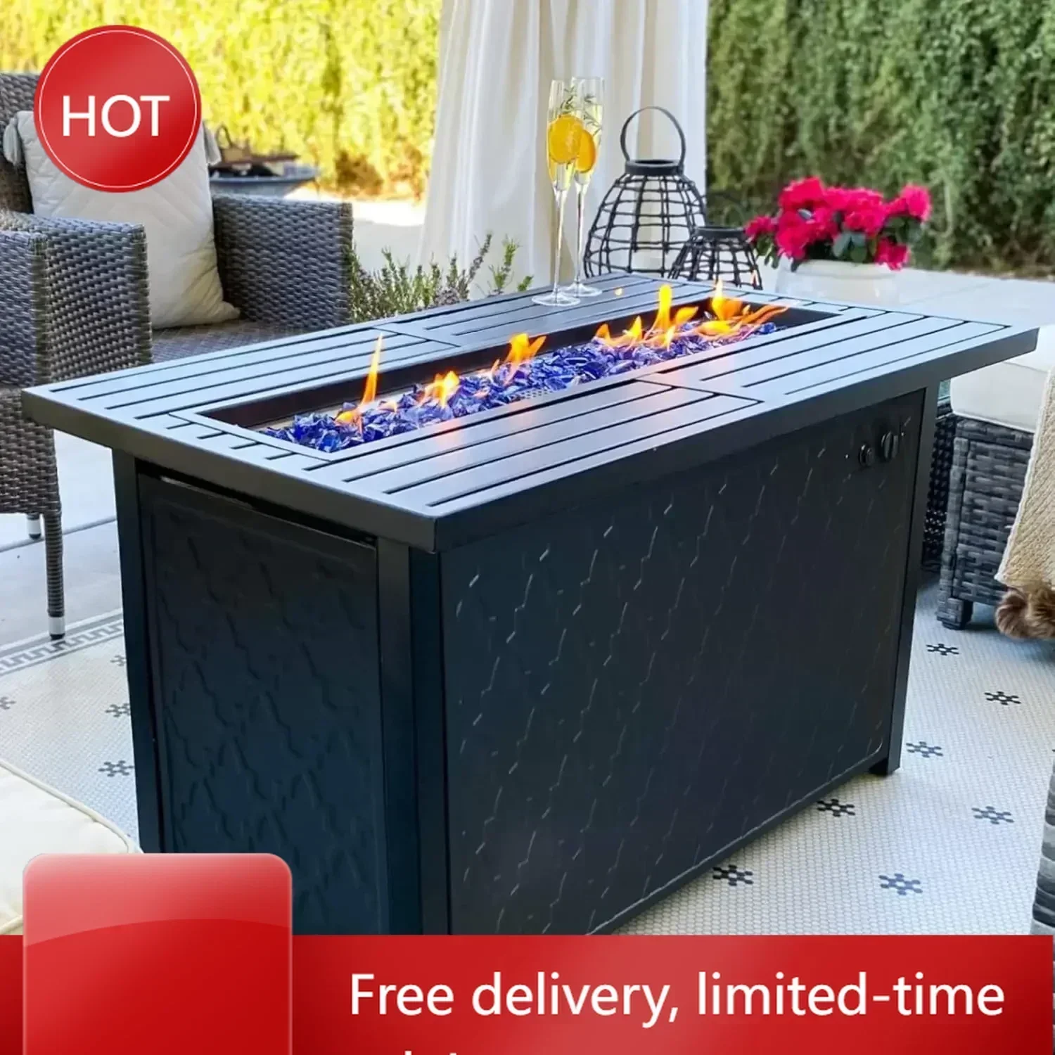 Hot salesPropane Gas Fire Pit Table 45 Inch 50,000BTU Rectangular Outdoor Firepits for Outside Patio with Lid and Blue Fire Glas