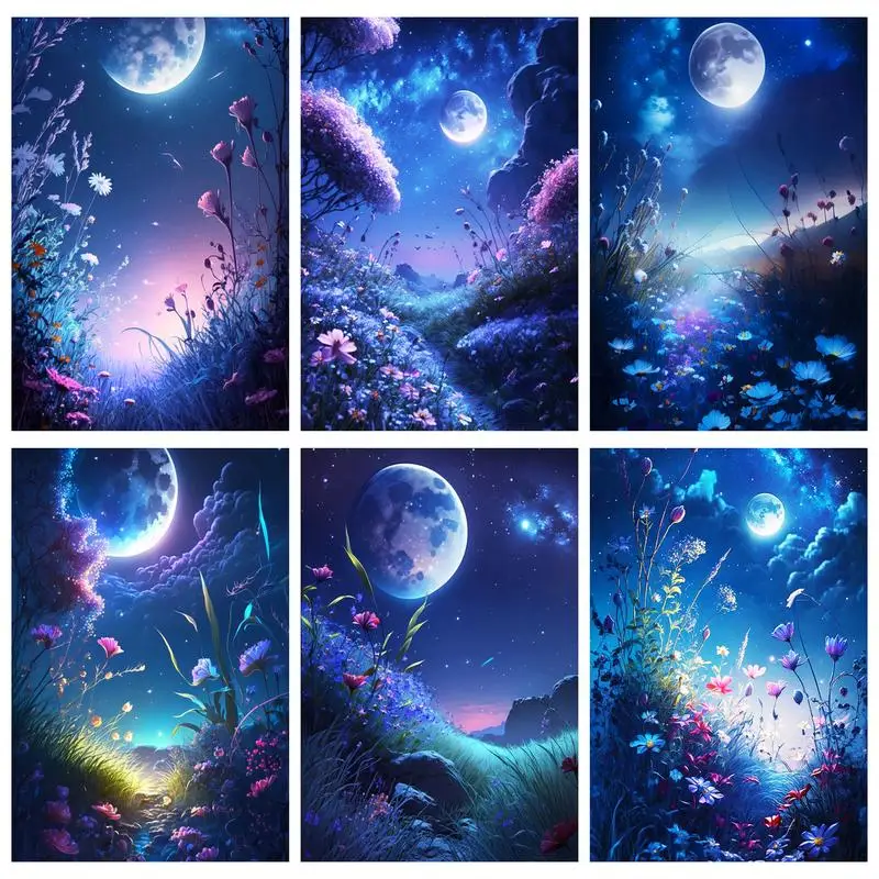 

SDOYUNO Canvas Painting By Numbers Blue Full Moon Scenery Hand Painting Unique Gift Artwork