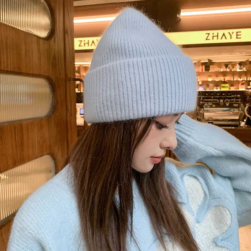 Women\'s winter knitted hat high quality rabbit fur cold proof beanie solid color men\'s outdoor thickened warm pullover hats