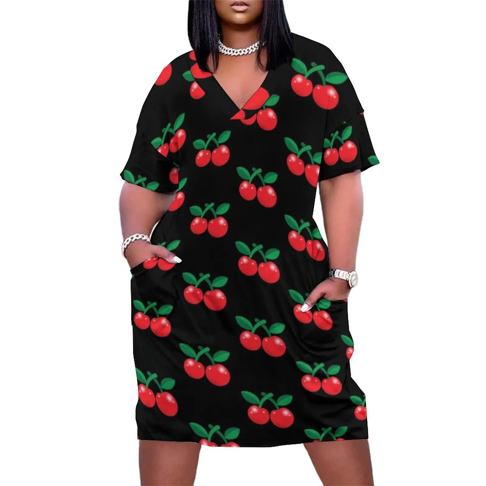 

Super cute red cherries Loose Pocket Dress womens clothing dress korean style