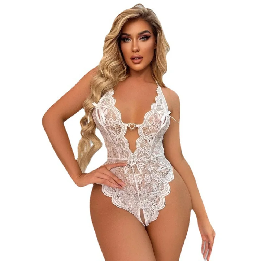 

Sexy Lace Halter Transparent Non-Removable Crotch One-Piece Sleepwear Underwear for Adults - Sensual Nightgown for Couples