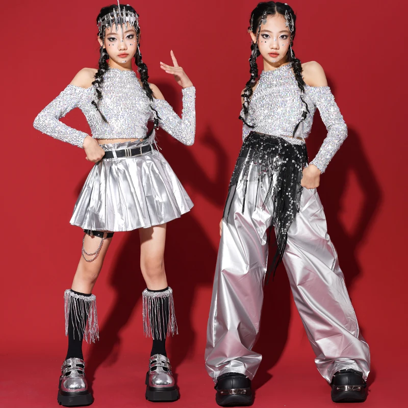 Girls Jazz Dance Costume Kpop Silver Suit Silver Stage Show Outfit Model Runways Performance Clothes Sequin Top Cake Skirt 2945