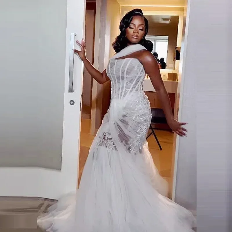 فساتين زفاف حورية البحر الأفريقية بكتف واحد مخصصة رداء De Mariage 2024 Nouveauté انظر من خلال تول زي العرائس