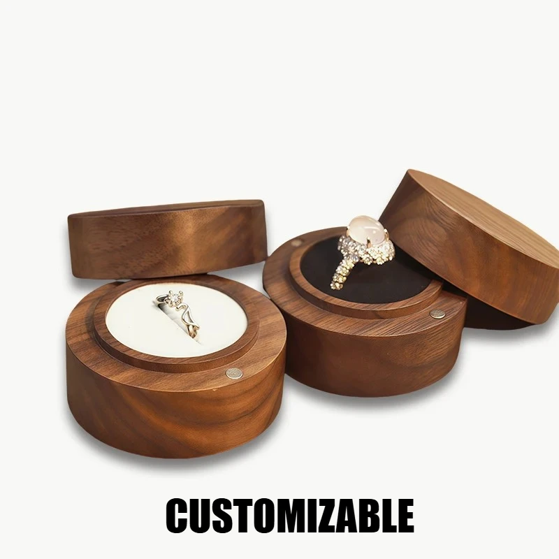 

Personalized Engraving Walnut Wood Ring Box Round Recto Custom TEXT Jewelry Case for Proposal Engagement Wedding Ceremony Gift