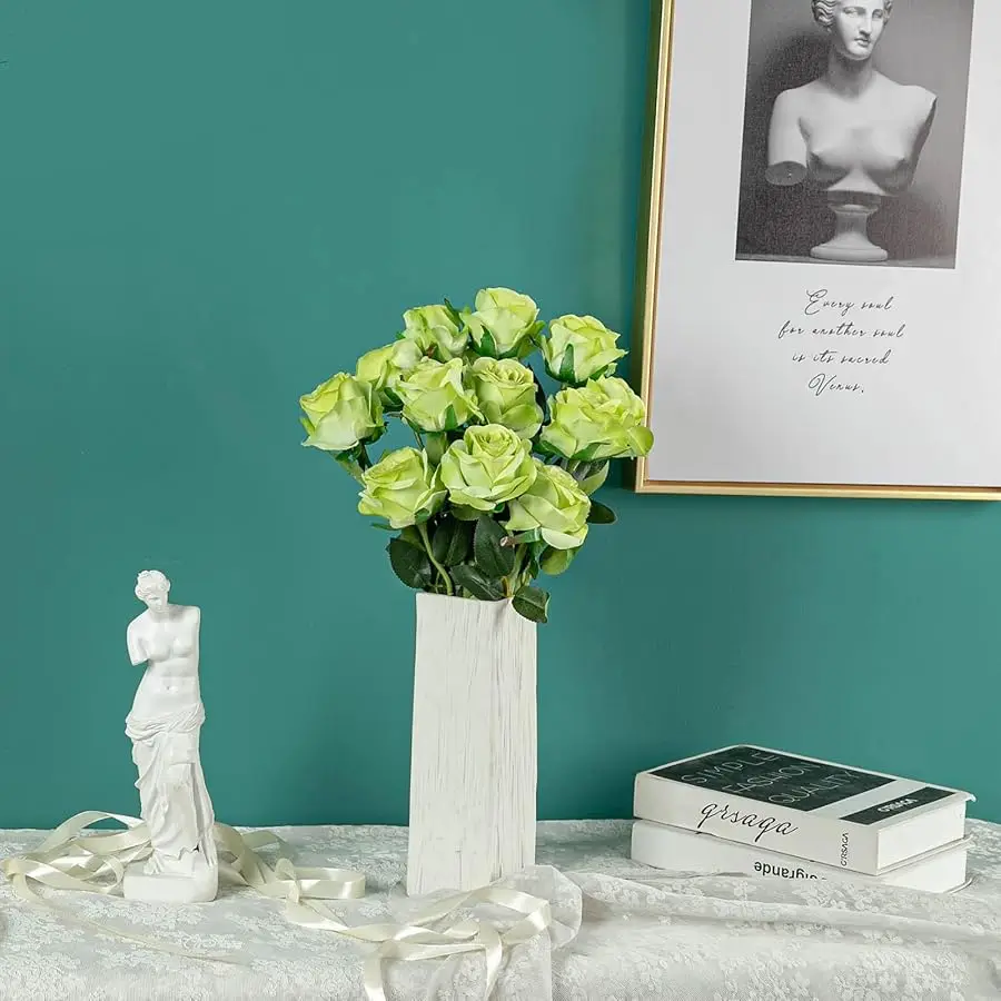 12PCS Artificial Silk Flowers Realistic Roses Bouquet Long Stem for Home Wedding Decoration Party (Green)