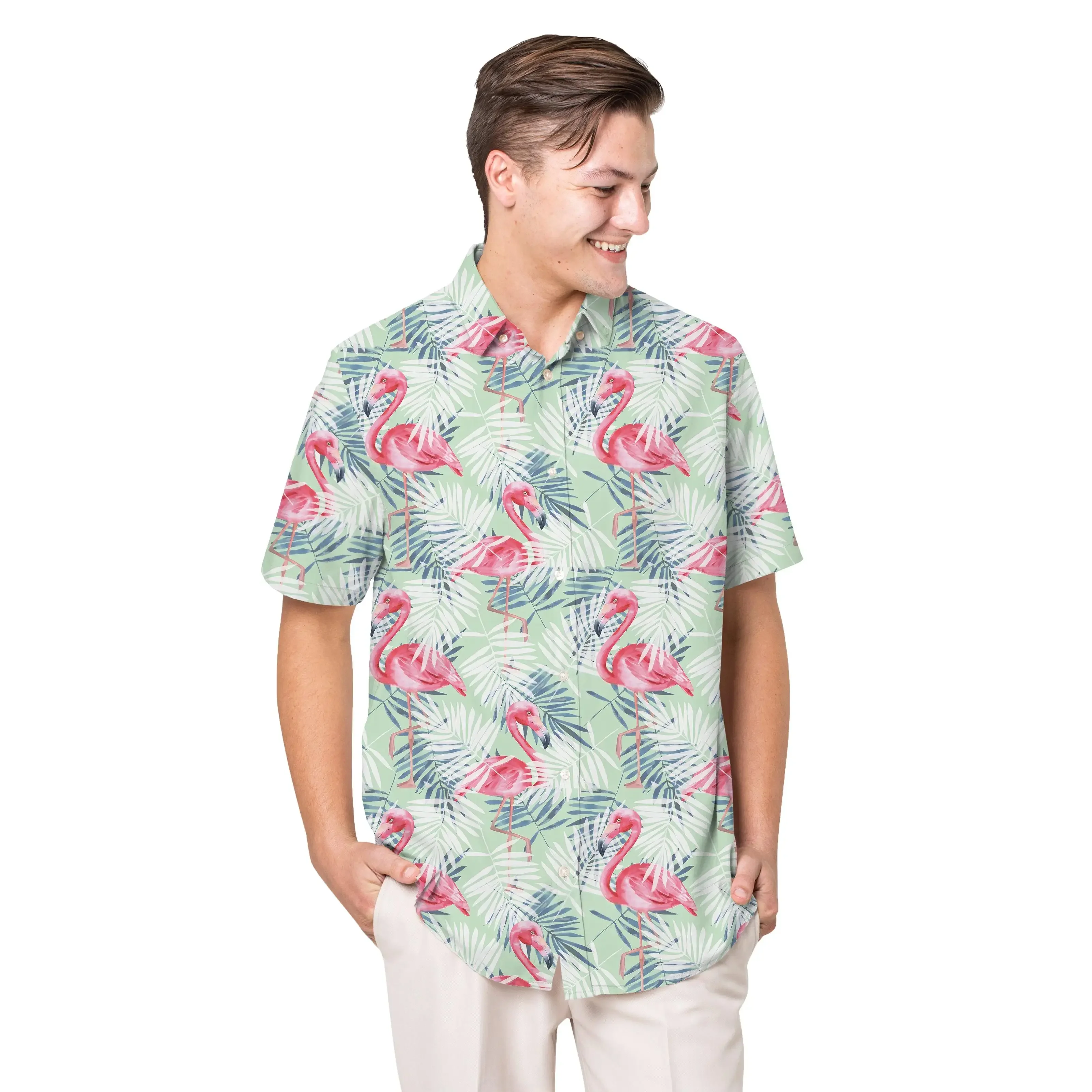 

Jumeast Flamingo Pattern Short Sleeve Hawaiian Shirt Palm Leaves Graphics Polyester Aloha Shirts Tropical Casual Man Clothing