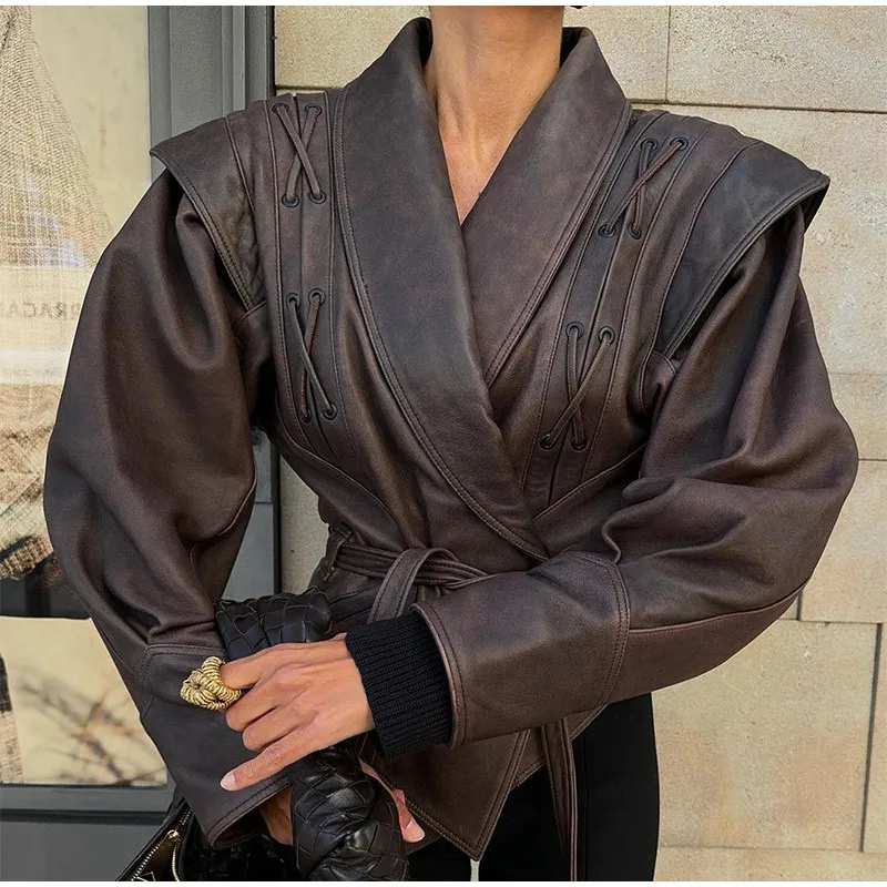 Chaquetas de piel sintética para mujer, chaqueta elegante de PU con hombros caídos, abrigo informal para oficina, otoño e invierno, 2024