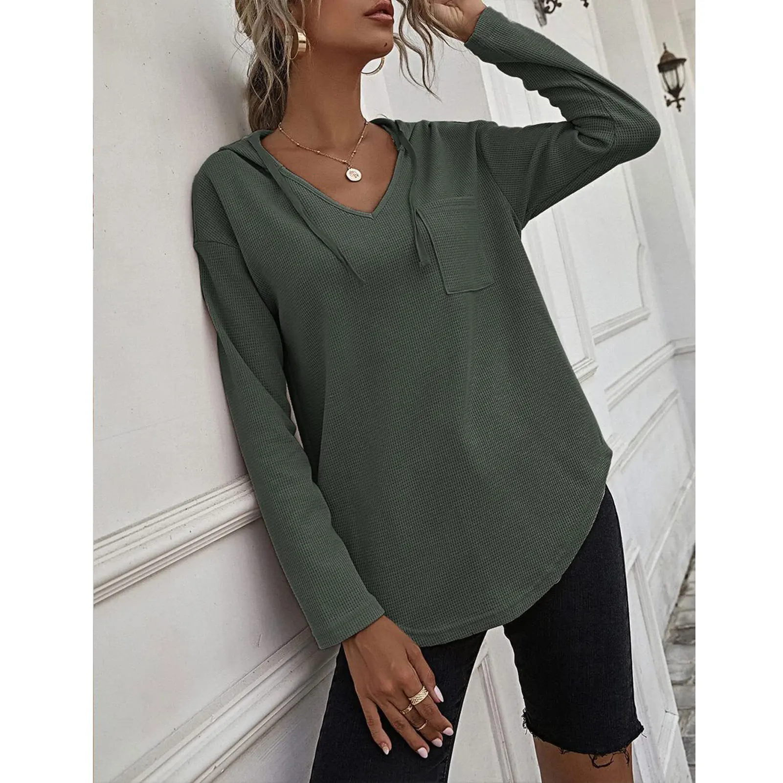 Women's V Neck Hoodies Long Sleeve Sweatshirt Drawstring Pullover Tops with Pocket for Shopping Holiday Vacation