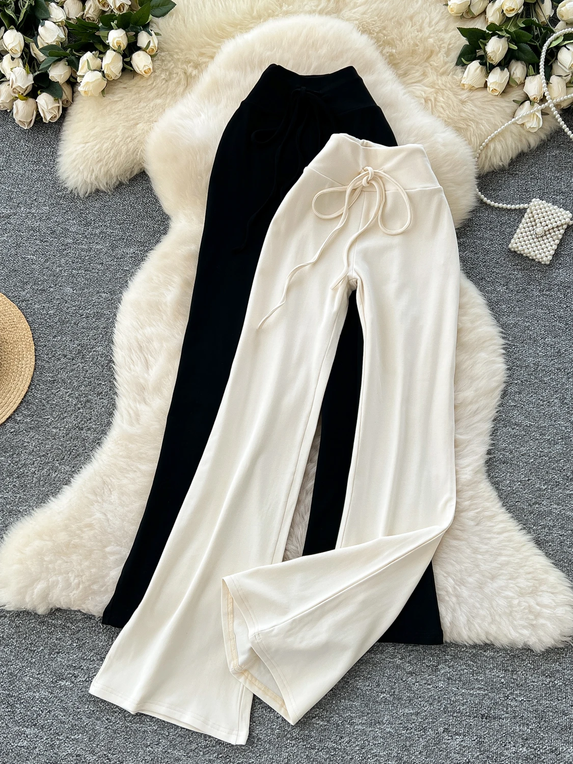 

Foamlina Minimalist Solid Color High Waist Trousers Summer Strap Waist Skinny Wide Legs Drape Skinny Legs Casual Long Pants