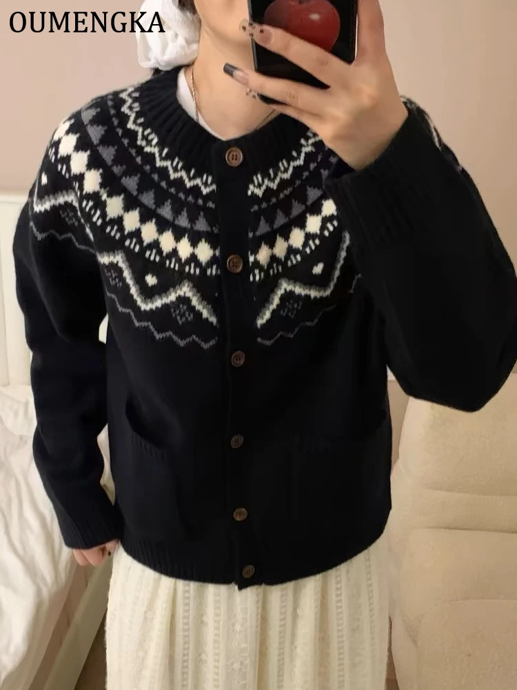 Women Fashion Jacquard Single Breasted Knitted Sweater Vintage O-Neck Long Sleeves Female Chic Lady Outfits Cardigan