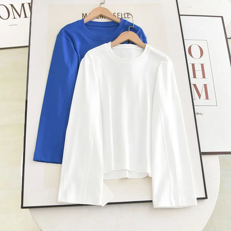 

Ladies spring and autumn fashion crew neck simple loose lazy long sleeve T-shirt female solid color commuter top
