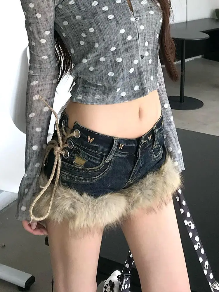 Women Y2K Vintage Faux Fur Trim Denim Micro Mini Skirt Low Waist Butterfly Embroidery Eyelet Lace‑Up Tie Streetwear Skirt