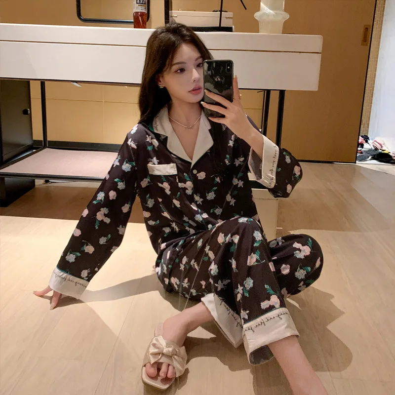 Temperament Noble New Sweet Ice Silk Pajamas Ladies Comfortable Sweet Camellia High Quality Cool Skin Thin Lapel Pyjamas Sets