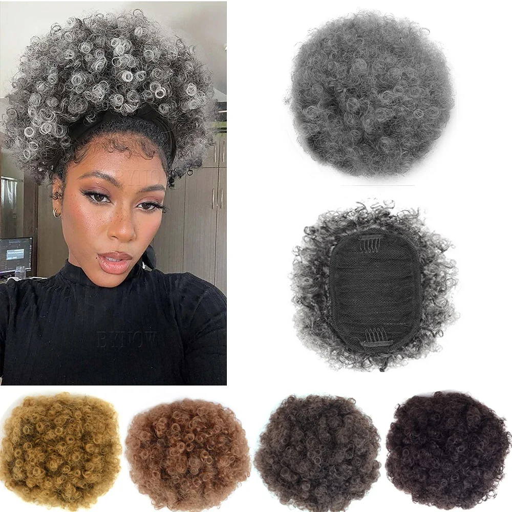 Bollos de pelo rizado Afro Updo, extensión de cola de caballo con cordón, cabello sintético corto africano trenzado, 10 pulgadas