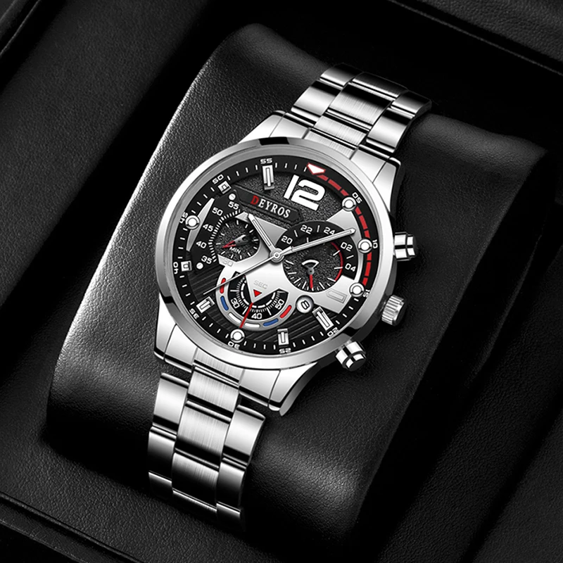 Fashion Men Stainless Steel Watches Luxury Quartz Wristwatch Calendar Luminous Clock Men Business Casual Watch