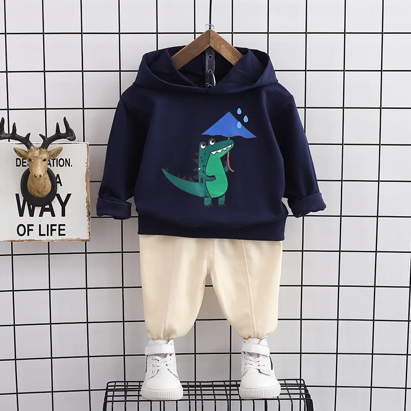 Baby Boy Designer Clothes Spring Autumn Cartoon Dinosaur Long Sleeved Pullover Hooded Hoodies and Pants 2 Piece Toddler Outfits