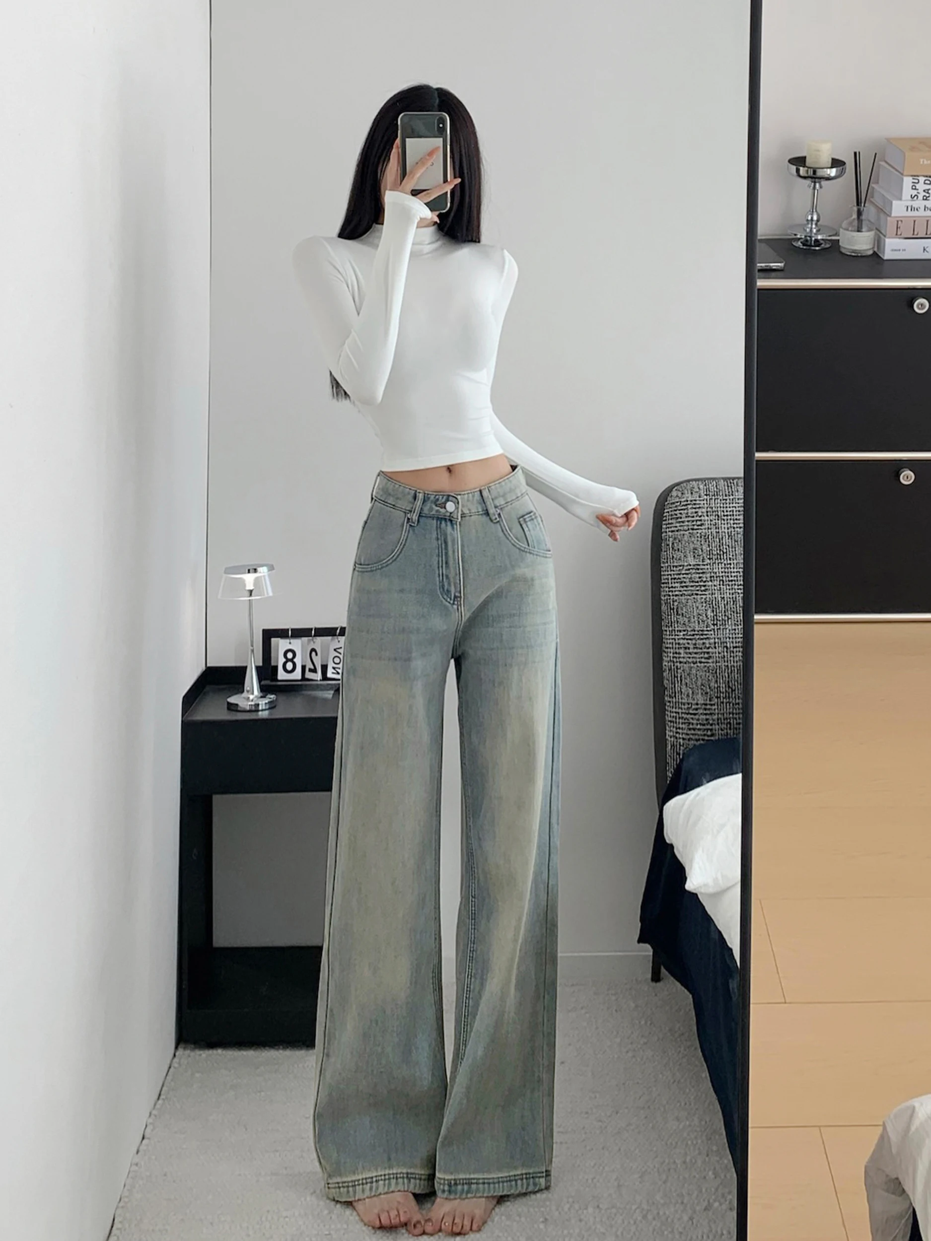 

Ретро-джинсы американского стиля с широкими штанинами для женщин, удлиненные, свободные, в пол, осенне-зимние