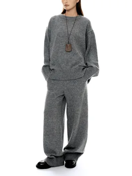 Conjunto de lana para mujer, suéter y pantalones de punto de estilo suave y suelto