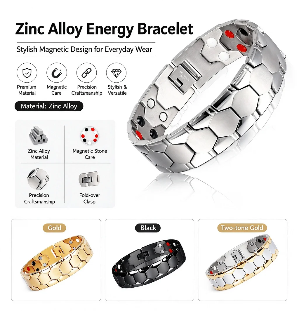 Hexagon Bracelet Zinc Alloy Magnetic Therapy Wristband Durable Water Resistant Timeless Gift for Men Gift of Regulator