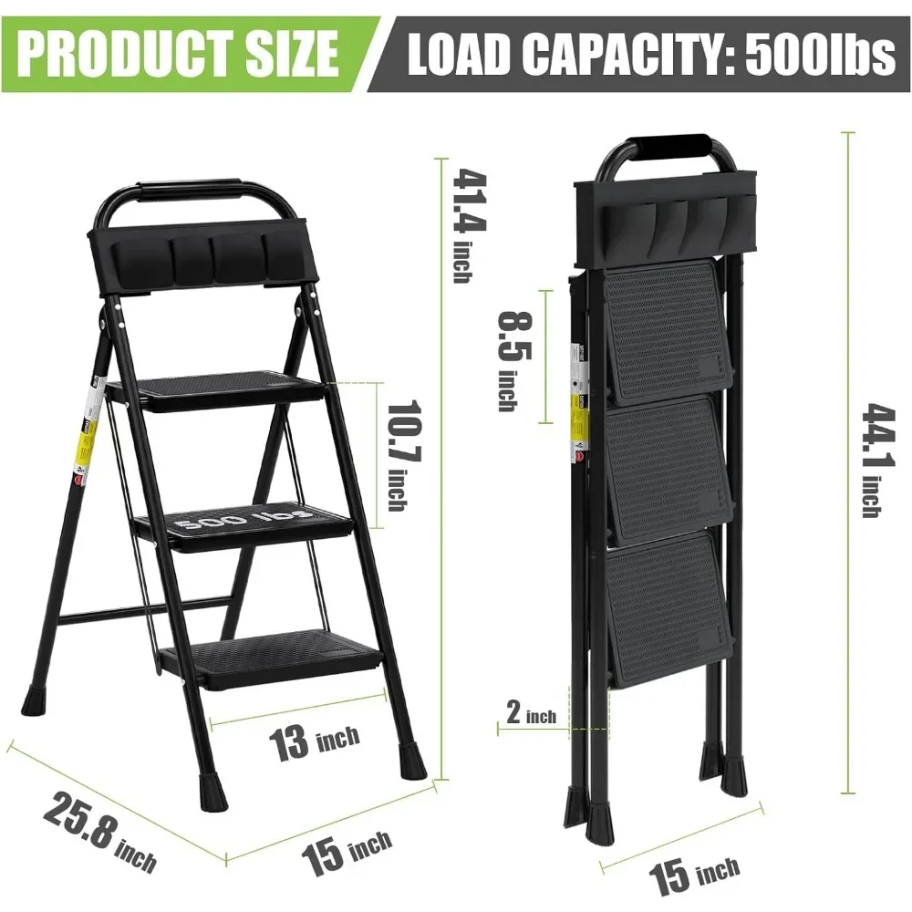 3-Stufen-Leiter EFFIELER Klappbarer Tritthocker mit breitem Anti-Rutsch-Pedal, 500 lbs robuste Stahlleiter, praktischer Handgriff