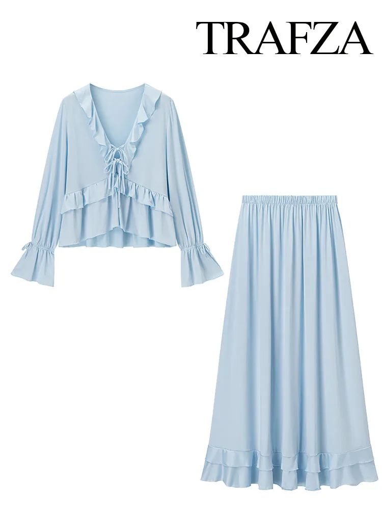

TRAFZA Female Casual Suits V-Neck Long Sleeves Bow Lace-Up Decoration Shirts+Elastic Waist Long Skirt Women Solid Skirt Sets