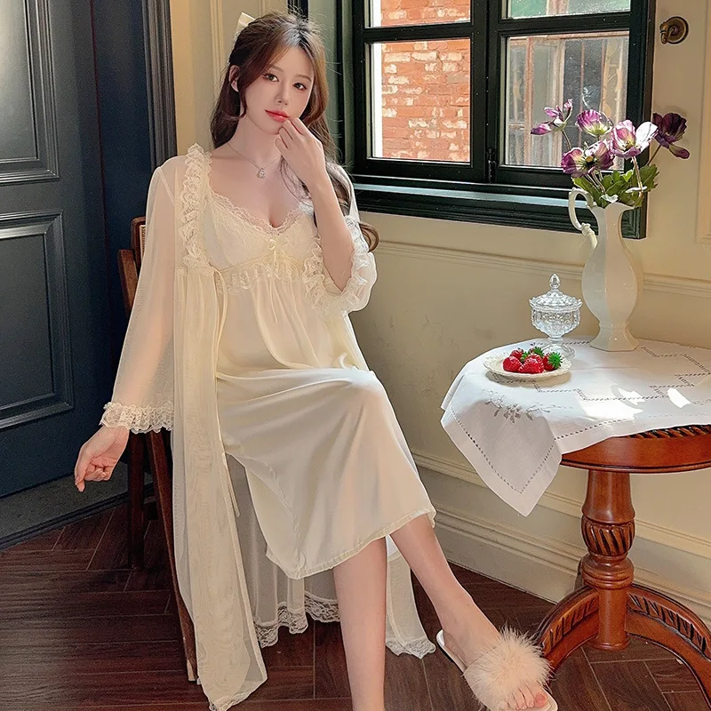 

Lace Long Nightgown Sexy V-Neck Suspender Nightgown Women's Intimate Lingerie Princess Sleepwear Loose Casual Twinset Robe Set