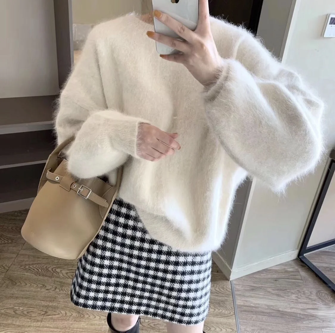 Oversiz Fashion Autumn Winter Pink Mohair Knitted Sweater For Women O Neck Long Sleeve Mink Cashmere Thick Soft Loose Pullovers