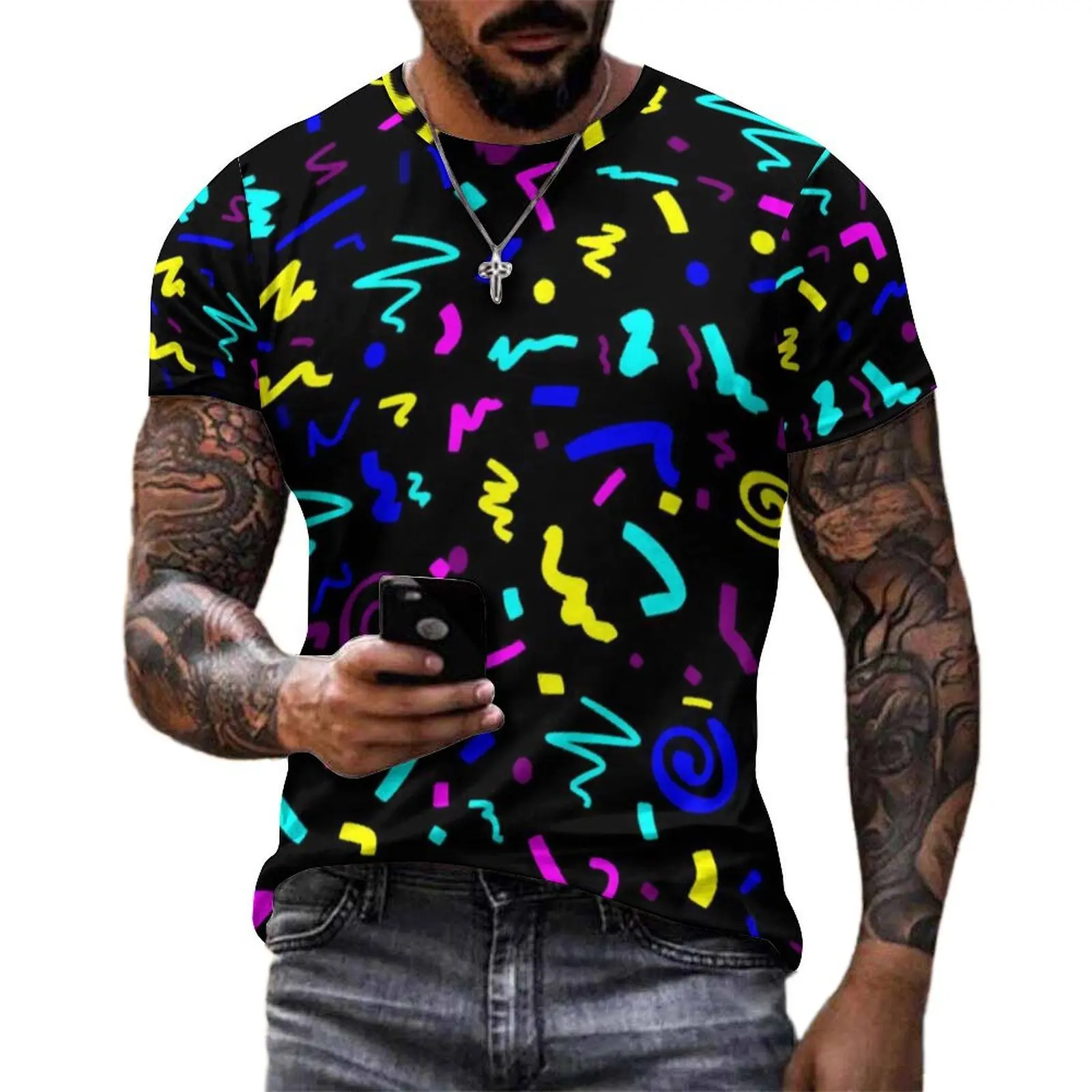 Oversize T-Shirt Premium Vintage 80S Inspired T Shirts Colorful Geometric Print Y2K O Neck Tshirt Men Harajuku Design Top Tees