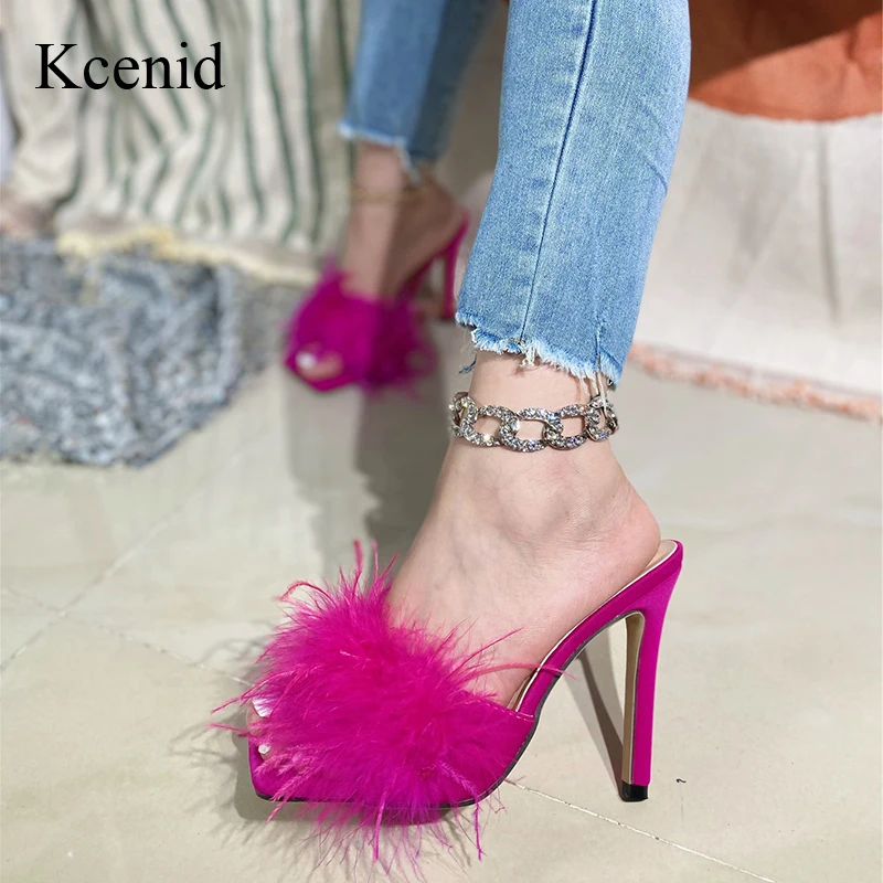 Kcenid Women Slippers Summer Fashion Fluffy Feather Mules Gladiator Sandals Party Banquet Thin High Heels Slides Shoes Woman