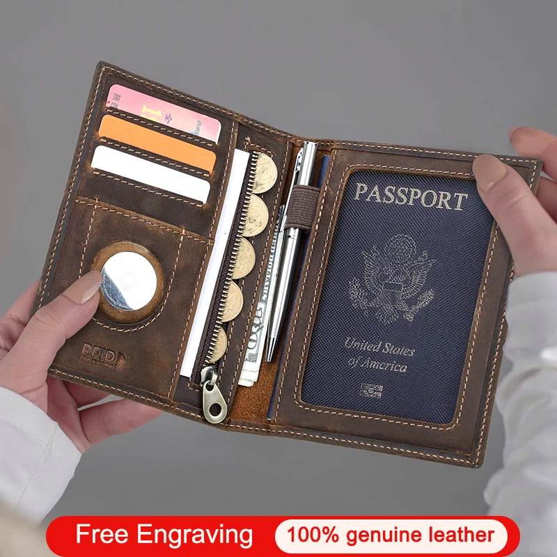 CONTACT'S Genuine Leather Passport Wallets Card Holder Coin Purse AirTag Slot Men Travel Wallet Women‘s Purse Passport Cover Bag