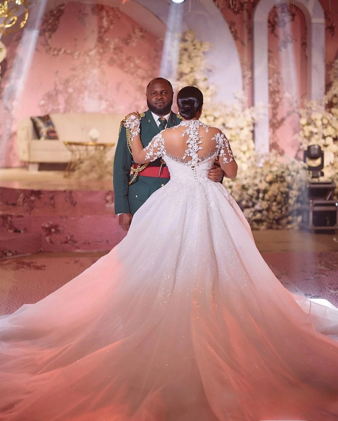 Customized 3 D Appliques High Collar Sparkly Sequins Mermaid Wedding Dress with Removable Skirt Illusion Long Sleeve Bridal Gown
