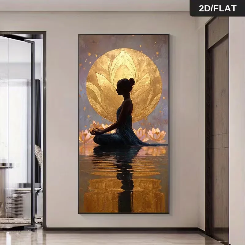 1pc (No frame),2D Flat 1pc 27.56*55.12in/70cm*140cm Modern Abstract Woman Meditating on for Lotus Flower Print Art Wall Art Canv