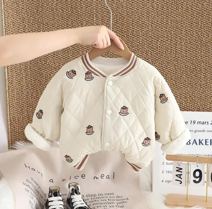 Pakaian musim dingin anak bayi 9 sampai 18 bulan, baju natal laki-laki, kostum mantel katun empuk kartun beruang, pakaian luar anak