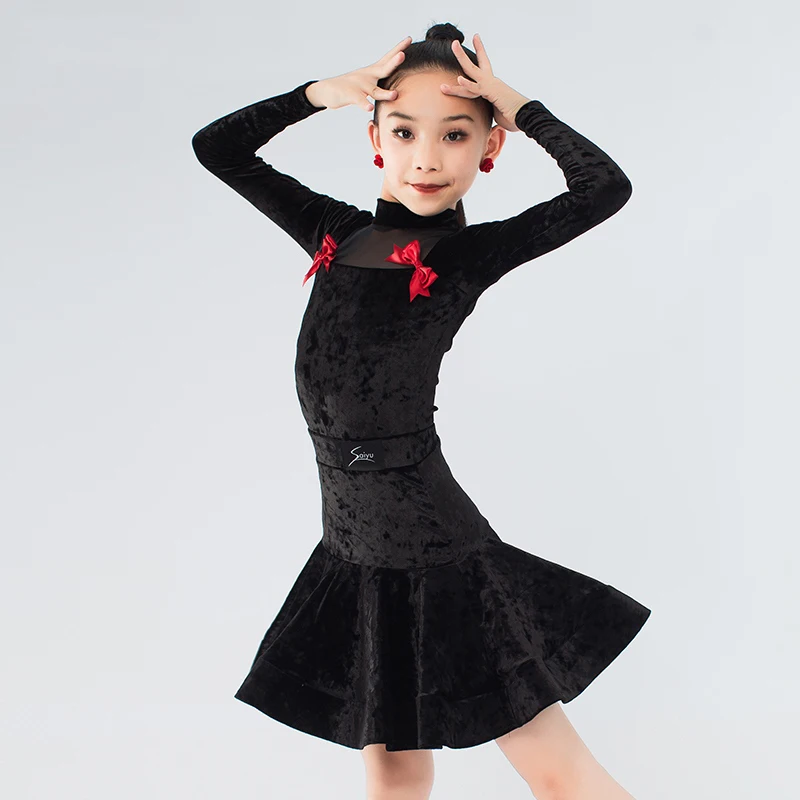 Fashion Velvet Performance Dancing Clothes For Girls Long Sleeves Latin Dance Dress Children'S National Standard Dresses DW10235