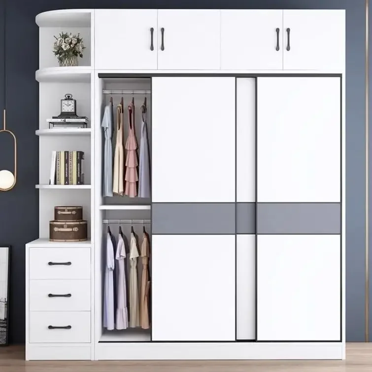 Solid wood wardrobe, home bedroom sliding door, assembled modern simple storage cabinet, economy rental simple storage cabinet