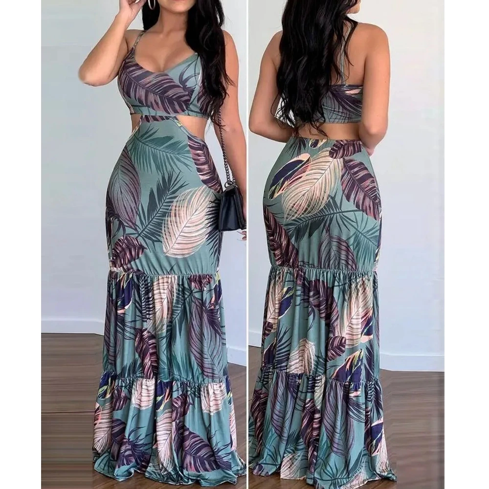 

Fashion Floral Dress Casual Women's V-neck Sexy Sleeveless Bodycon Long Dress Spaghetti Strap Summer Camis Tops Maxi Dress Robe