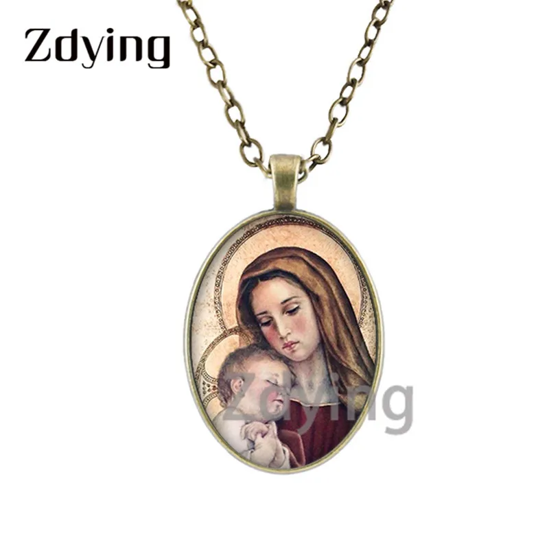 Zdying Collar de la virgen maría jesús y bebé, cabujón de vidrio de forma ovalada, cúpula de fotos, gargantilla de cadena larga, joyería cristiana, FX023